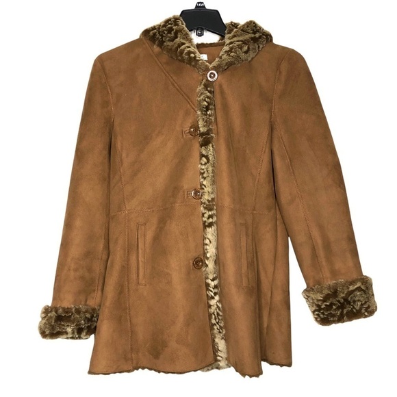 Coldwater CREEK Faux Fur-Lined Hooded Winter Faux Suede Coat - Size 8 - Like New - Picture 1 of 5